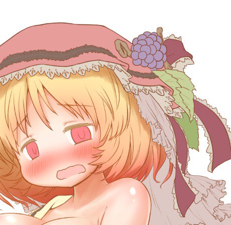 1girl aki_minoriko arinu bare_shoulders blonde_hair blush breasts commentary d: food food_on_head fruit fruit_on_head grapes hat hat_ribbon lowres mob_cap object_on_head official_art open_mouth out-of-frame_censoring red_eyes ribbon short_hair solo touhou undressing veil wavy_mouth