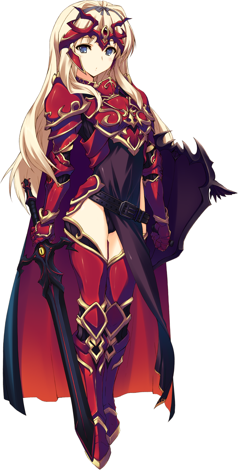 1girl armor armored_boots belt blonde_hair blue_eyes blush boots breastplate full_body gauntlets highres holding holding_weapon kawata_hisashi kusugawa_sasara long_hair looking_at_viewer pauldrons pelvic_curtain shield solo standing sword thigh-highs to_heart_2 to_heart_2_dungeon_travelers transparent_background weapon