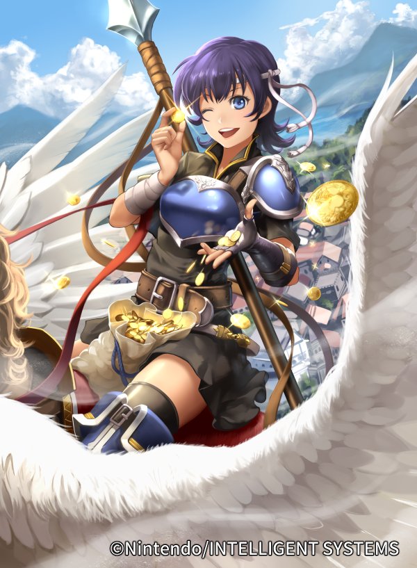1girl armor blue_hair boots breastplate chains company_connection copyright_name farina_(fire_emblem) fire_emblem fire_emblem:_rekka_no_ken fire_emblem_cipher gold gold_chain i-la open_mouth polearm short_hair skir smile spear thigh-highs thigh_boots weapon