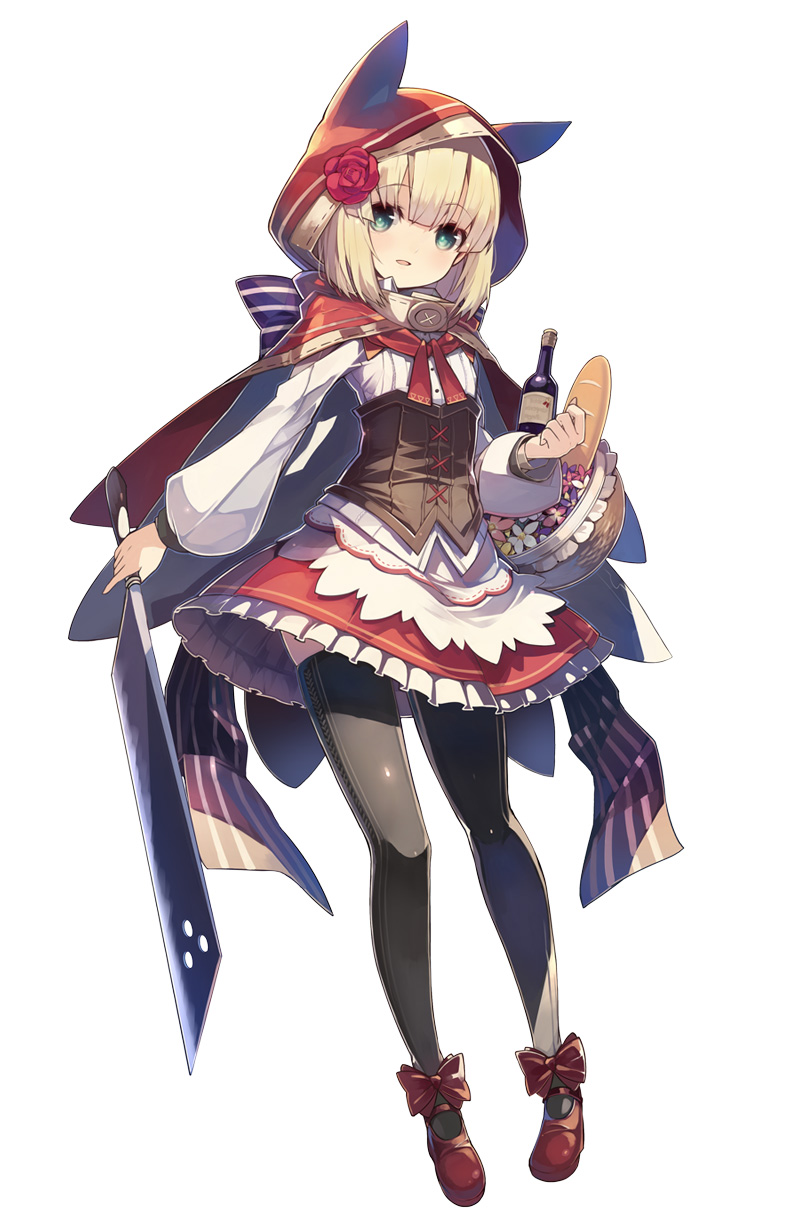 1girl animal_ears basket blade blonde_hair bottle bread cape carrying dress fake_animal_ears food full_body green_eyes grimms_notes highres hood hosato_mikine little_red_riding_hood_(grimm) looking_at_viewer mary_janes official_art shoes short_hair simple_background solo thigh-highs white_background