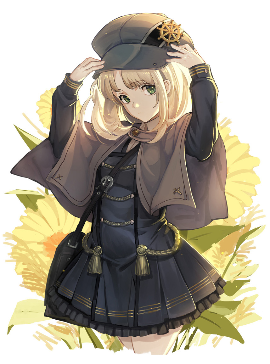 1girl aiguillette arms_up bag bangs black_dress blonde_hair cabbie_hat capelet cowboy_shot double-breasted dress expressionless eyebrows_visible_through_hair frilled_dress frills green_eyes hands_on_headwear hat helmet layered_dress long_sleeves looking_at_viewer military military_uniform original petticoat plant pleated_dress ryuuzaki_ichi shoulder_bag simple_background solo uniform white_background yellow_flower