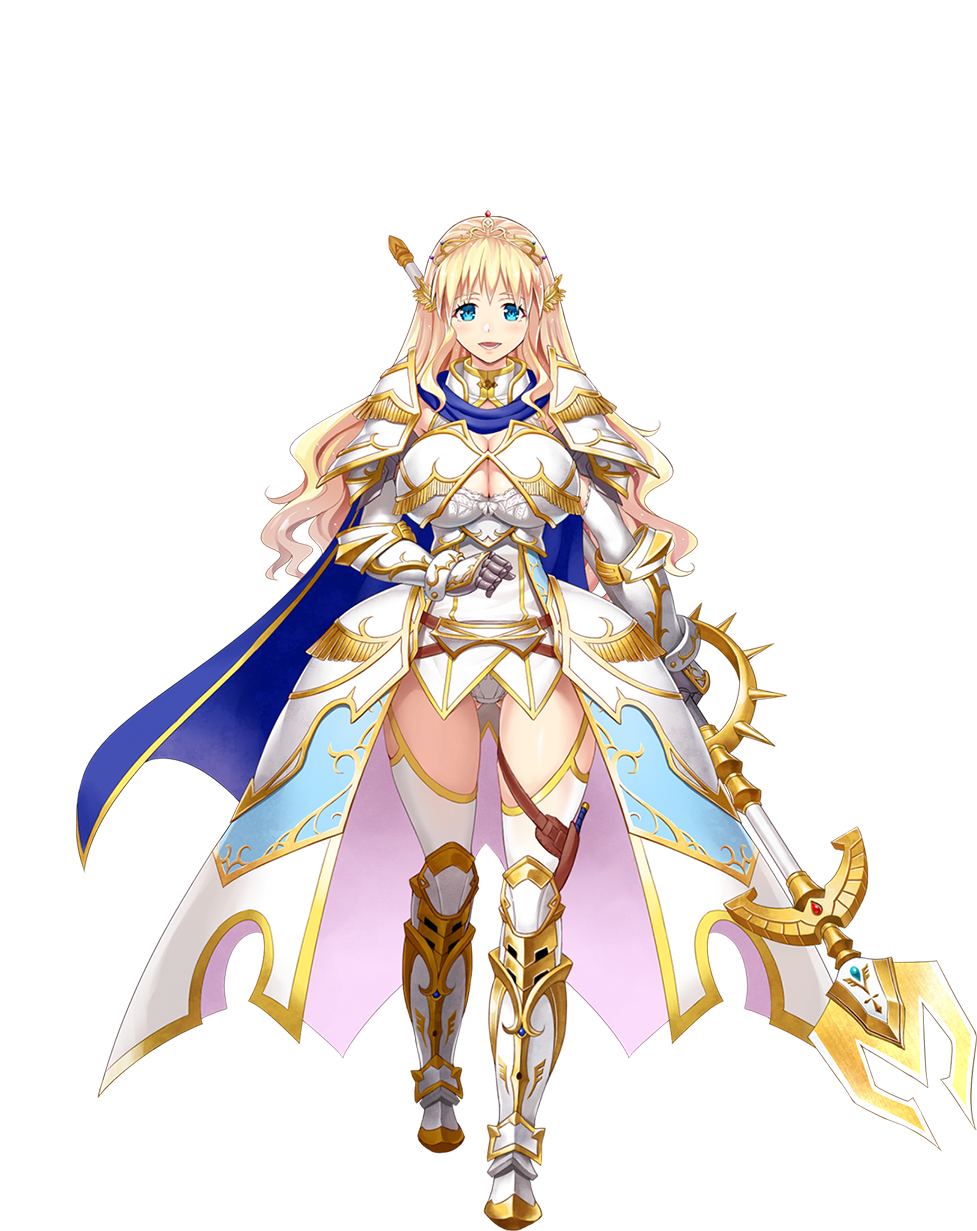 1girl aqua_eyes armor armored_boots blonde_hair boots breasts cape cleavage dress esta_(sennen_sensou_aigis) fringe full_body greaves highres holding_spear kinnotama_(erokosei) large_breasts long_hair looking_at_viewer official_art open_mouth sennen_sensou_aigis showgirl_skirt solo thigh-highs thigh_boots tiara transparent_background