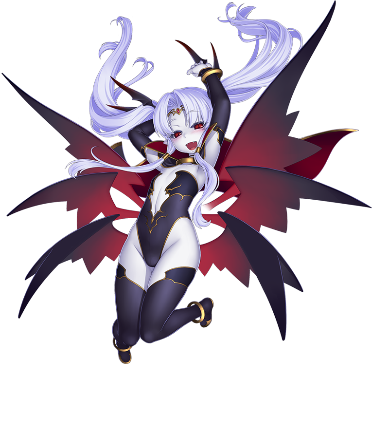 1girl arms_up awakening_(sennen_sensou_aigis) bat_wings black_legwear blush boots cape circlet detached_sleeves eden_(sennen_sensou_aigis) fangs flat_chest floating_hair full_body gochou_(kedama) head_wings leotard long_hair multiple_wings official_art open_mouth pointy_ears red_eyes sennen_sensou_aigis sidelocks slit_pupils solo thigh-highs thigh_boots transparent_background twintails vampire white_hair white_skin wings
