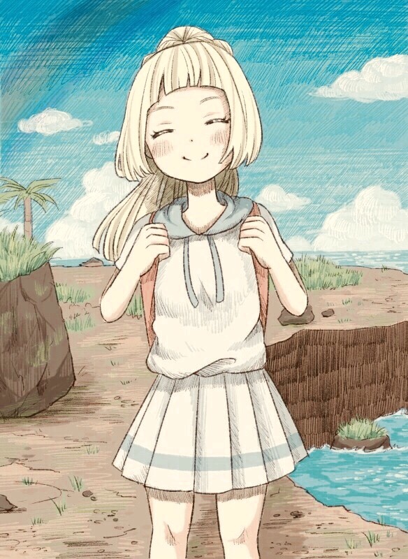 1girl ^_^ backpack bag bangs blonde_hair blue_sky blunt_bangs blush braid cliff closed_eyes closed_mouth clouds comp_ito cowboy_shot day french_braid grass high_ponytail hood hood_down island lillie_(pokemon) long_hair miniskirt palm_tree pleated_skirt pokemon pokemon_(game) pokemon_sm rainbow shirt short_sleeves skirt sky solo standing tree white_shirt white_skirt