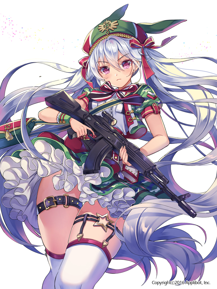 1girl ak-74 animal_ears assault_rifle beret blue_hair dress furyou_michi_~gang_road~ gun hat holding holding_gun holding_weapon long_hair looking_at_viewer official_art rabbit_ears rifle simple_background sniper_rifle solo thigh_strap twintails very_long_hair violet_eyes watermark weapon white_background white_legwear yeonwa