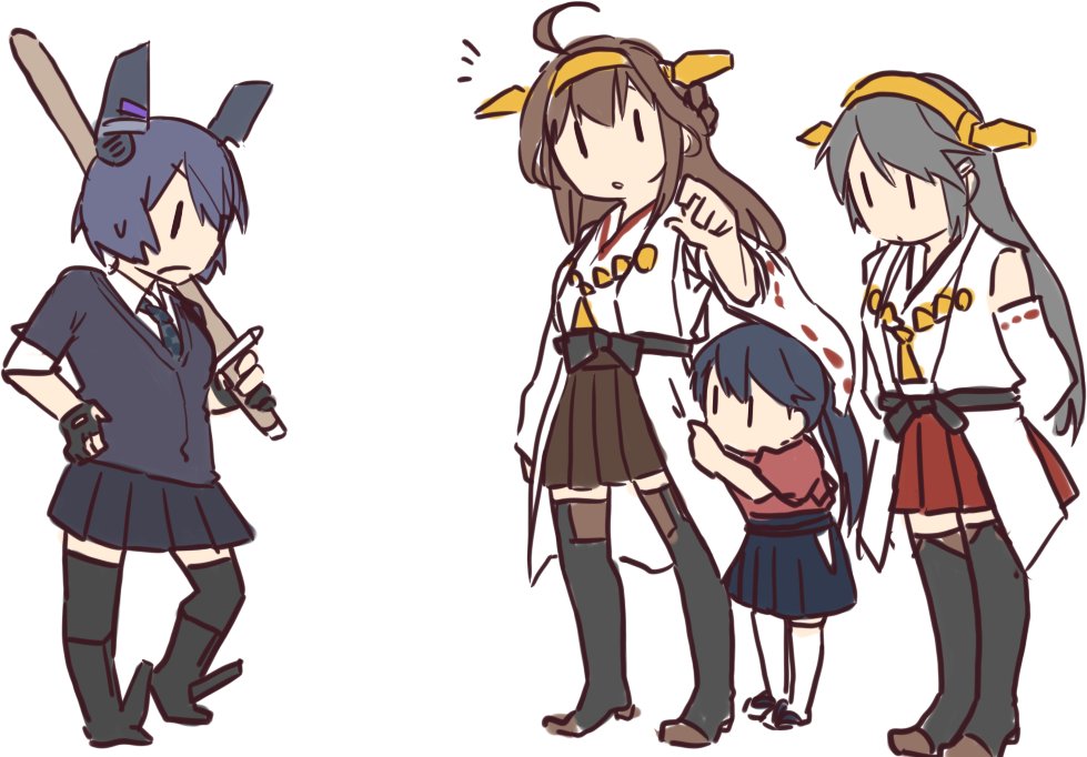 4girls ahoge arms_behind_back betchan black_legwear boots brown_hair check_commentary chibi commentary commentary_request contrapposto detached_sleeves fingerless_gloves gloves grey_hair haruna_(kantai_collection) headgear hiding houshou_(kantai_collection) hug hug_from_behind kantai_collection kongou_(kantai_collection) long_hair multiple_girls nontraditional_miko over_shoulder pleated_skirt ponytail purple_hair ribbon-trimmed_sleeves ribbon_trim short_hair skirt sword tenryuu_(kantai_collection) thigh-highs thigh_boots weapon weapon_over_shoulder white_background white_legwear younger |_|