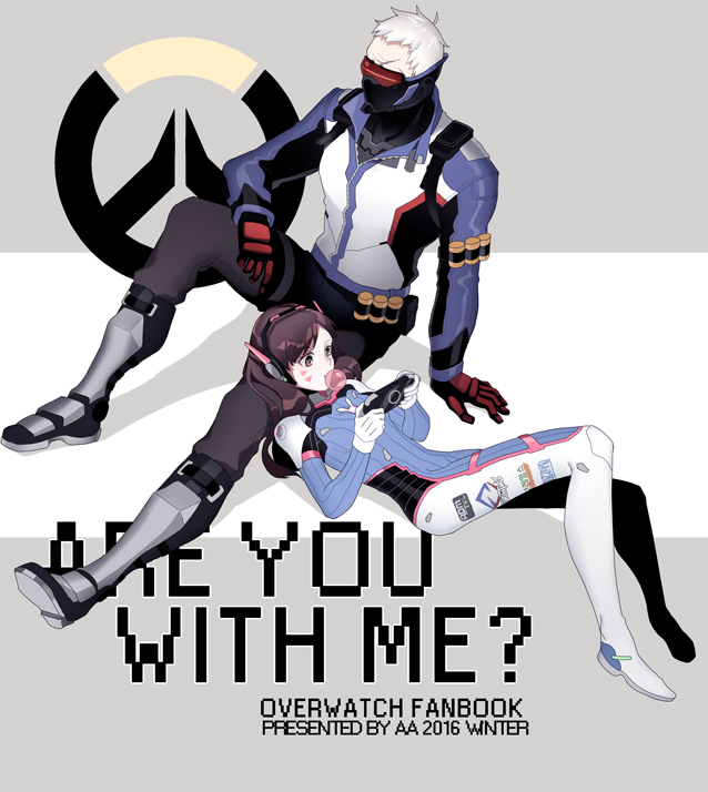 1boy 1girl 2016 a821 animal_print arm_at_side arm_support armor armored_boots artist_name bodysuit boots brown_eyes brown_hair bubble_blowing bubblegum bunny_print copyright_name covered_mouth d.va_(overwatch) dated emblem english explosive face_mask facepaint facial_mark game_console gloves greaves grenade gum hand_on_lap handheld_game_console harness headphones holding jacket knee_boots knee_up logo long_hair long_sleeves lying lying_on_lap mask on_back overwatch pants pauldrons pilot_suit playing_games playstation_portable red_gloves ribbed_bodysuit scar short_hair shoulder_pads sitting sitting_on_person soldier:_76_(overwatch) strap thigh-highs thigh_boots thigh_strap turtleneck visor whisker_markings white_gloves white_hair