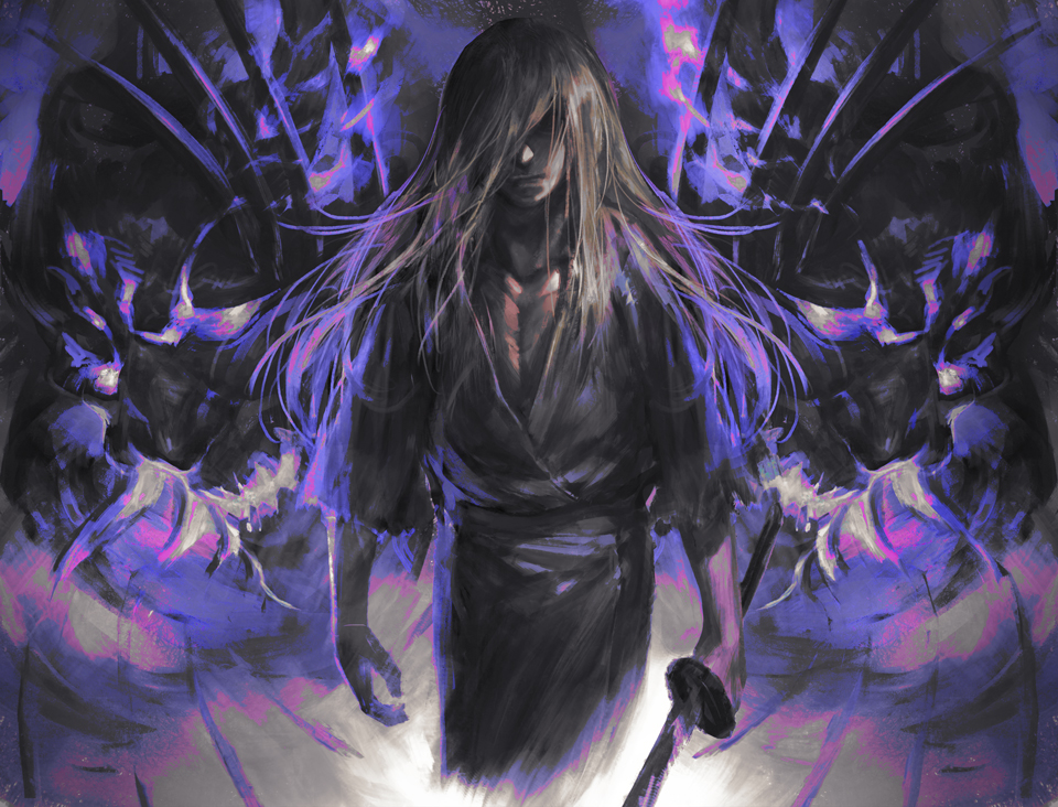1boy arms_at_sides character_check closed_mouth covered_eyes cowboy_shot gintama glowing hair_over_eyes hangleing holding holding_sword holding_weapon japanese_clothes kimono long_hair male_focus oni purple sash silver_hair sleeves_past_elbows solo sword torn_clothes torn_sleeves weapon yoshida_shouyou