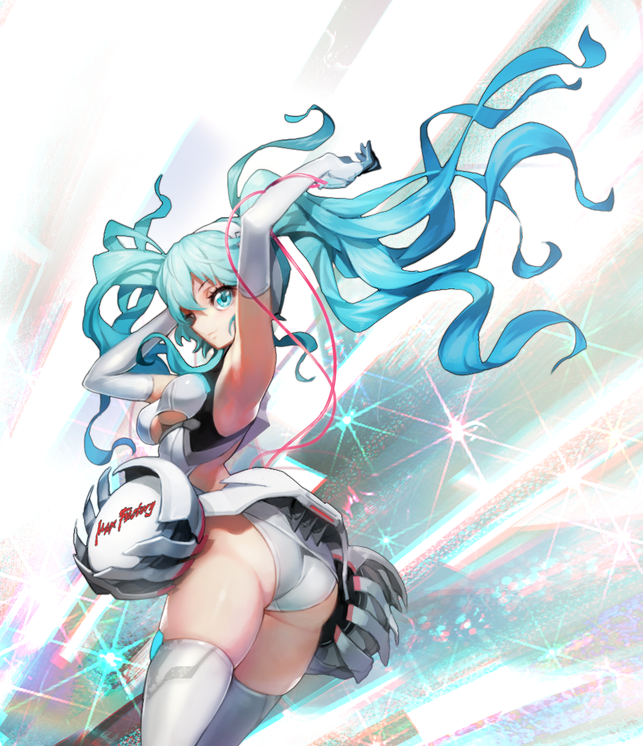 1girl aqua_eyes aqua_hair ass boots breasts cleavage elbow_gloves gloves goodsmile_racing hatsune_miku long_hair panties pantyshot pantyshot_(standing) solo standing thigh-highs thigh_boots twintails under_boob underwear upskirt vocaloid white_boots white_legwear white_panties yang-do