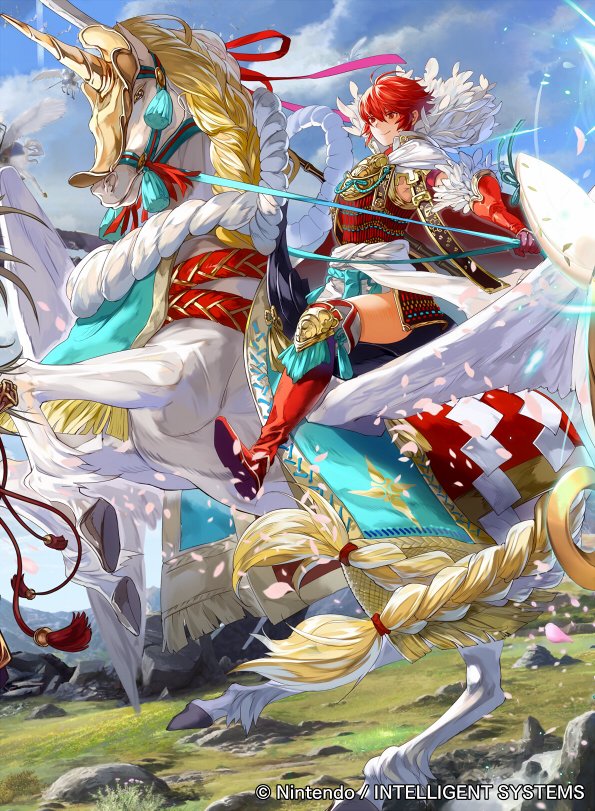 1girl armor boots cape company_connection copyright_name day elbow_gloves feather_trim fire_emblem fire_emblem_cipher fire_emblem_if gloves hinoka_(fire_emblem_if) horn horseback_riding japanese_clothes mayo_(becky2006) pegasus pegasus_knight petals red_eyes redhead riding short_hair sky smile thigh-highs thigh_boots thighs zettai_ryouiki