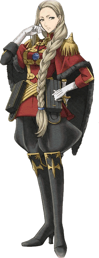 1girl audrey_gassenarl braid brown_eyes brown_hair full_body gloves hand_on_hip jewelry long_hair looking_at_viewer military military_uniform mole mole_under_eye necklace official_art senjou_no_valkyria senjou_no_valkyria_2 solo transparent_background uniform white_gloves