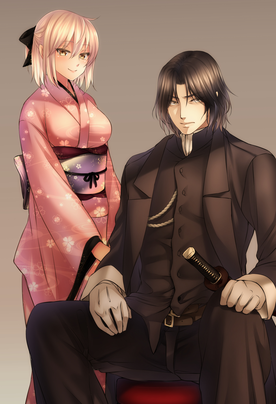 1boy 1girl bangs black_pants black_shirt blazer blonde_hair blush breasts brown_background brown_hair closed_mouth crossover drifters eyebrows_visible_through_hair fate_(series) floral_print gloves hair_between_eyes half_updo head_tilt highres hijikata_toshizou_(drifters) jacket japanese_clothes katana kimono koha-ace long_sleeves medium_breasts mia_(gute-nacht-07) obi open_blazer open_clothes open_jacket pants parted_bangs sakura_saber sash sheath sheathed shirt simple_background sitting smile spread_legs standing sword v_arms weapon white_gloves wide_sleeves