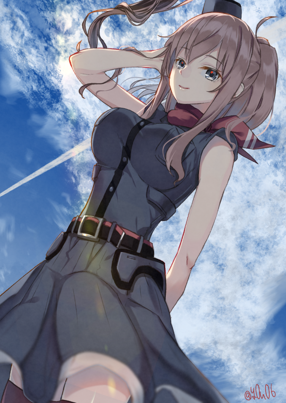 1girl arm_behind_back black_dress blue_eyes breast_pocket breasts brown_hair clouds cowboy_shot day dress dutch_angle hair_between_eyes hand_in_hair highres kantai_collection large_breasts light_smile lips looking_at_viewer ponytail red_neckerchief remodel_(kantai_collection) saratoga_(kantai_collection) short_sleeves side_ponytail sidelocks signature sky striped thigh-highs vertical_stripes you06