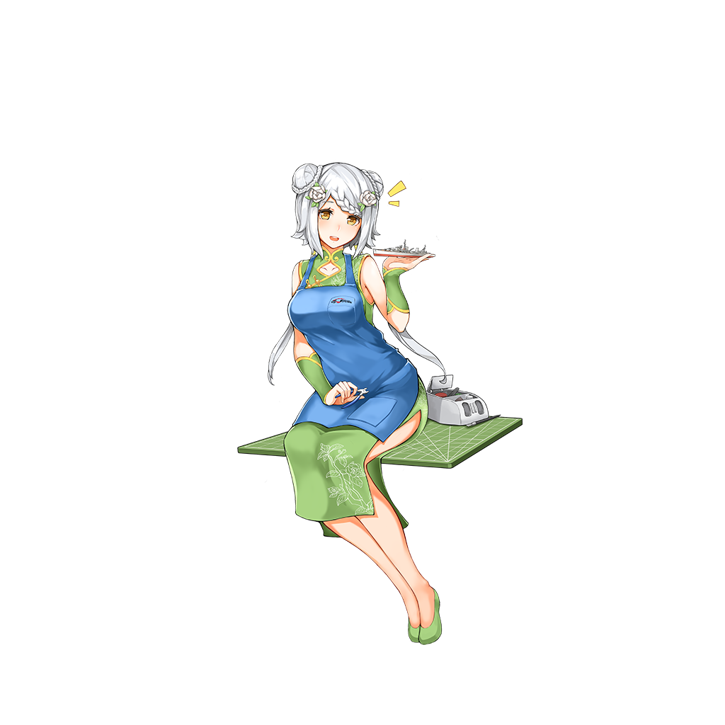 15k 1girl :d alternate_costume apron blue_apron braid china_dress chinese_clothes chongqing_(zhan_jian_shao_nyu) collarbone double_bun dress floral_print flower french_braid full_body green_dress green_shoes hair_flower hair_ornament holding legs_together long_hair looking_at_viewer model_kit model_ship official_art open_mouth paintbrush pliers pocket shoes side_slit sitting sleeveless smile solo teeth transparent_background turret twintails white_hair yellow_eyes zhan_jian_shao_nyu