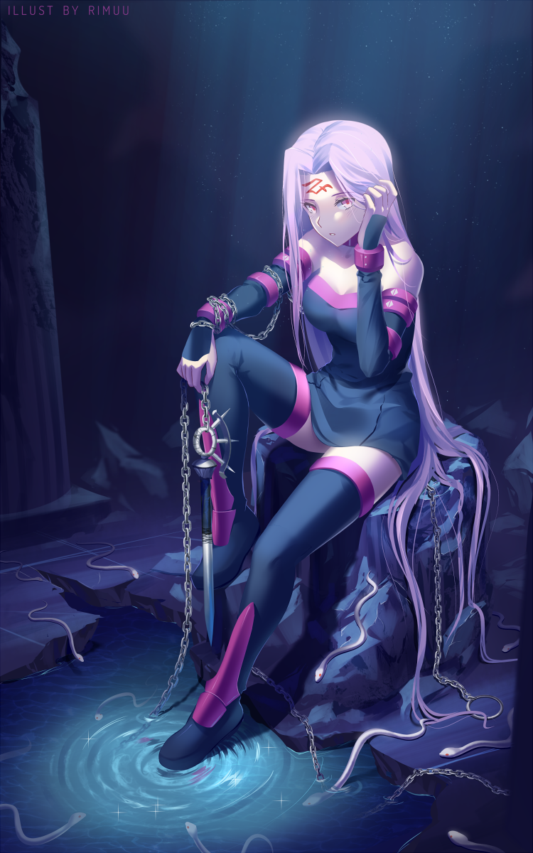 1girl boots breasts chains cleavage dress elbow_gloves facial_mark fate/stay_night fate_(series) fingerless_gloves forehead_mark gloves highres long_hair pillar purple_hair rider rimuu sitting snake solo square_pupils strapless strapless_dress thigh-highs thigh_boots very_long_hair violet_eyes weapon zettai_ryouiki