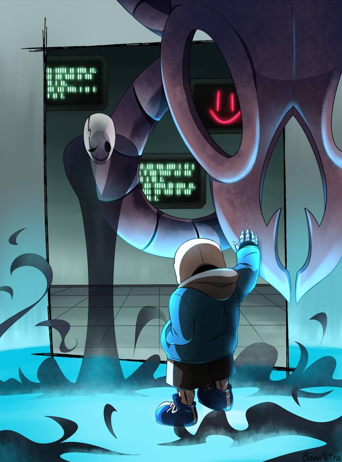 2boys =) arm_up artist_name bano_akira blue_shoes crack ghost glowing hand_in_pocket hollow_eyes hood hoodie looking_at_another looking_down multiple_boys one_eye_closed open_mouth sans screen shoes shorts signature skeleton smile sneakers standing transparent undertale w.d._gaster