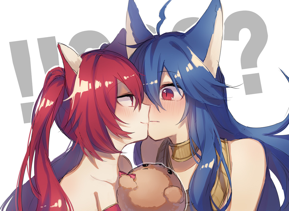 .com_(cu_105) 2girls animal_ears bare_shoulders blue_hair blush cerberus_(shingeki_no_bahamut) commentary_request dog_ears erun_(granblue_fantasy) eye_contact face-to-face female fenrir_(shingeki_no_bahamut) granblue_fantasy hand_puppet incipient_kiss kiss long_hair looking_at_another multiple_girls neck neck_ring puppet red_eyes redhead shingeki_no_bahamut shingeki_no_bahamut:_genesis slit_pupils smile strapless twintails upper_body very_long_hair yuri