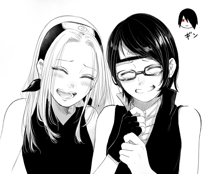 2girls ana_(draw_annie) blush closed_eyes fingerless_gloves forehead_protector glasses gloves greyscale haruno_sakura laughing monochrome mother_and_daughter multiple_girls naruto single_glove smile time_paradox uchiha_sarada uchiha_sasuke upper_body