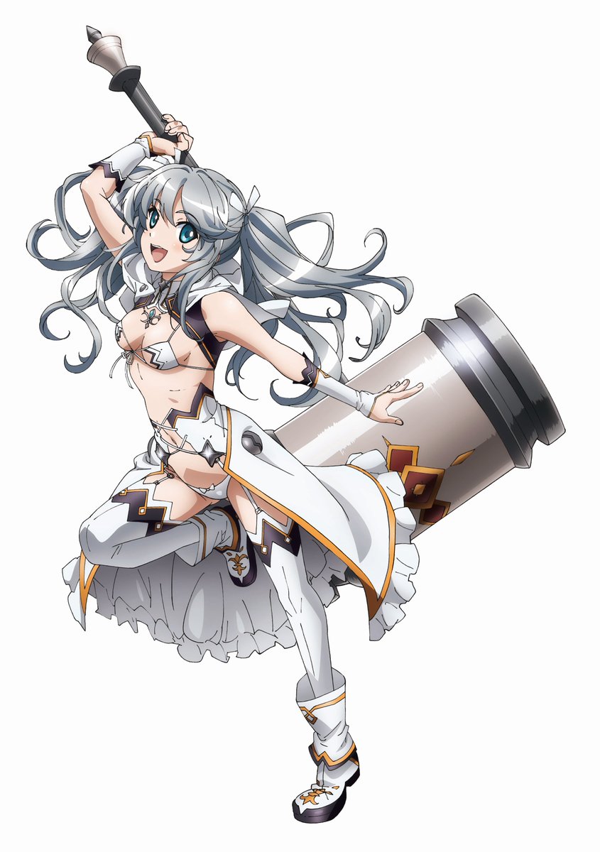 1girl armor bikini_armor bikini_warriors boots breasts cleric_(bikini_warriors) full_body hammer highres holding holding_weapon huge_weapon light_blue_eyes looking_at_viewer official_art open_mouth silver_hair simple_background small_breasts smile solo thigh-highs twintails weapon white_background
