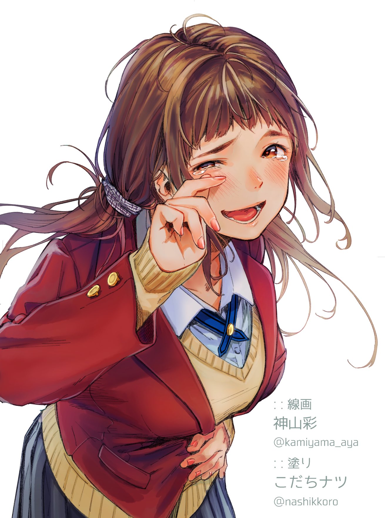 1girl artist_name ayase_totsuki bangs blazer blue_ribbon blush breasts brown_eyes brown_hair collaboration collared_shirt commentary crying crying_with_eyes_open grey_skirt hair_tie half-closed_eye hand_on_own_stomach highres jacket large_breasts laughing looking_at_viewer nail_polish nashigaya_koyomi open_mouth original pleated_skirt red_nails ribbon school_uniform shirt side_ponytail simple_background skirt smile solo sweater tears teeth twitter_username white_background white_shirt wiping_tears