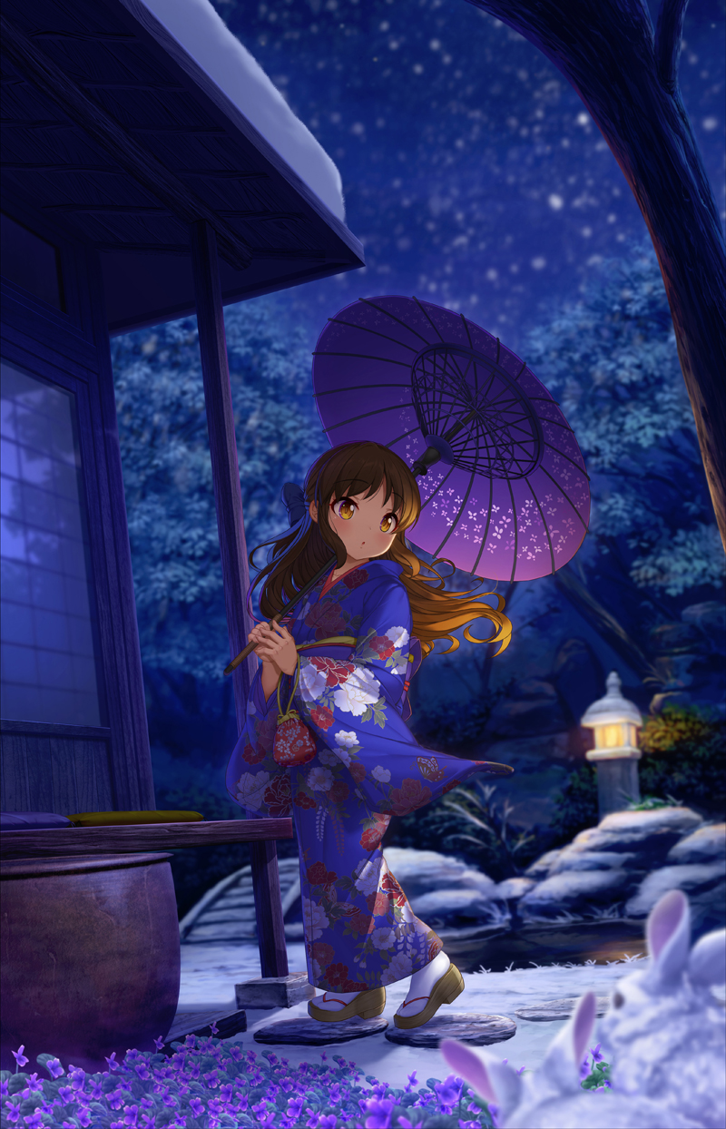 1girl :o bag blurry blush bow brown_eyes brown_hair building clog_sandals depth_of_field floral_print flower flower_request garden hair_bow highres holding holding_bag holding_umbrella idolmaster idolmaster_cinderella_girls japanese_clothes kimono kirin_kakeru long_hair long_sleeves looking_at_another looking_to_the_side night night_sky oriental_umbrella print_kimono rabbit sky snow solo standing star_(sky) starry_sky stone_lantern tabi tachibana_arisu tree umbrella veranda white_legwear wide_sleeves winter