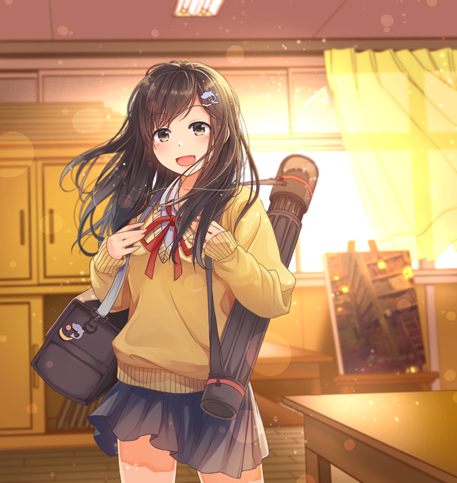 1girl :d bag black_hair brown_eyes canvas canvas_(object) curtains dolphin_hair_ornament glowing lens_flare long_hair long_sleeves mikkii minato_aya open_mouth original school_bag school_uniform smile solo sweater window