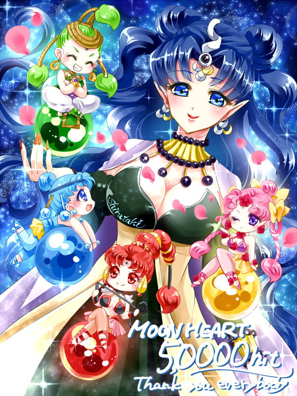 5girls ;o bishoujo_senshi_sailor_moon blue_background blue_eyes blue_hair blue_legwear bow breasts cape cerecere_(sailor_moon) chibi cleavage closed_eyes cowboy_shot crescent crescent_earrings crossed_arms ear_covers earrings flower green_hair grin hair_bow hair_bun hair_rings hits jewelry junjun_(sailor_moon) legs_crossed long_hair multiple_girls nehelenia_(sailor_moon) one_eye_closed orb pallapalla_(sailor_moon) pants pantyhose petals pink_hair pink_legwear pointy_ears red_eyes red_legwear redhead shirataki_kaiseki signature sitting smile twintails vesves_(sailor_moon) violet_eyes wavy_hair white_pants yellow_bow