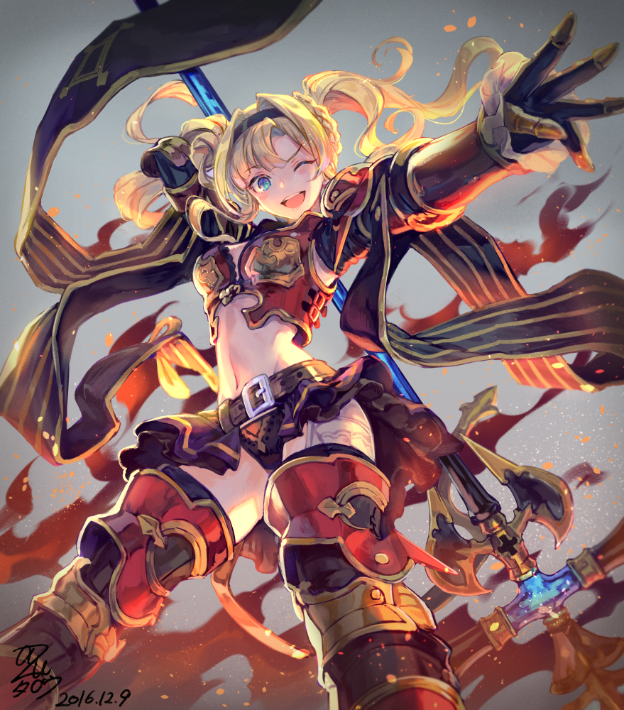 1girl arm_at_side armor armored_dress azutarou blonde_hair blue_eyes breasts commentary_request faulds from_below gauntlets granblue_fantasy hair_between_eyes long_hair looking_at_viewer midriff navel outstretched_hand over_shoulder pauldrons polearm red_legwear spear thighs twintails wavy_hair weapon weapon_over_shoulder zeta_(granblue_fantasy)