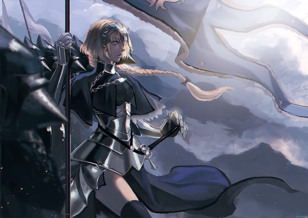 1girl armor armored_dress black_gloves blonde_hair blue_eyes braid capelet chains fate/apocrypha fate_(series) faulds flag gauntlets gloves headpiece jakojakojako knight ruler_(fate/apocrypha) single_braid thigh-highs wind