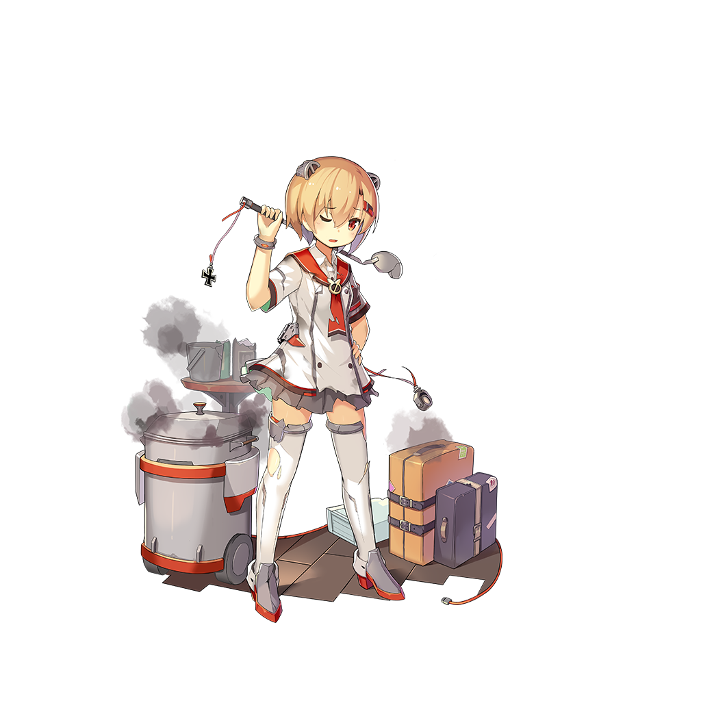 1girl alternate_costume animal_ears armband blonde_hair bottle bracelet breasts broken bucket buttons double-breasted fake_animal_ears full_body graf_spee_(zhan_jian_shao_nyu) hair_between_eyes hair_ornament hairclip hand_on_hip holding iron_cross jewelry ladle legs_apart lino-lin looking_at_viewer luggage machinery official_art one_eye_closed open_mouth pleated_skirt red_eyes searchlight short_hair short_sleeves skirt small_breasts smoke solo standing table thigh-highs torn_clothes transparent_background vest white_legwear white_vest wine_bottle zettai_ryouiki zhan_jian_shao_nyu