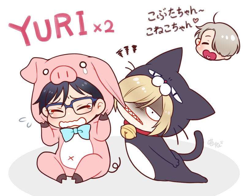 3boys animal_costume bell bell_collar biting black_hair blonde_hair blue-framed_eyewear boy cat_costume chibi closed_eyes collar glasses hair_over_one_eye katsuki_yuuri male_focus multiple_boys nightcat open_mouth pig_costume silver_hair sitting smile squiggle tears translated viktor_nikiforov wavy_mouth yuri!!!_on_ice yuri_plisetsky