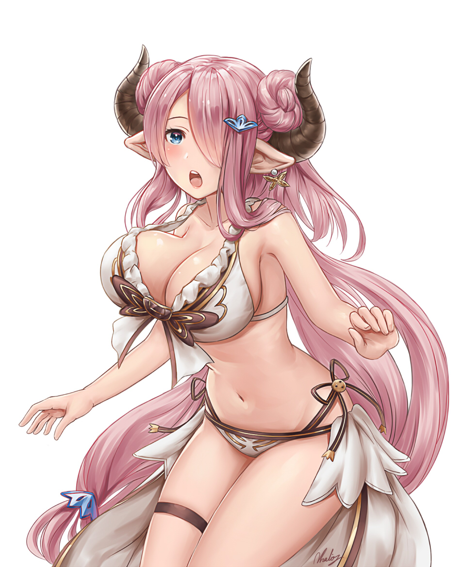 1girl bikini blue_eyes blush breasts butterfly_earrings cleavage doraf earrings granblue_fantasy hair_ornament hair_over_one_eye horns jewelry large_breasts long_hair looking_at_viewer narumeia_(granblue_fantasy) natsuyu navel open_mouth pink_hair pointy_ears simple_background solo swimsuit white_background