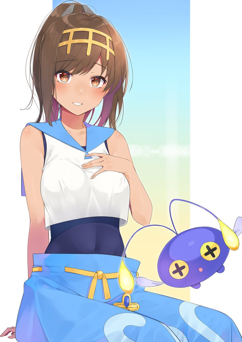 1girl blue_pants blush brown_eyes brown_hair chinchou cosplay covered_navel grin hairband hand_on_own_chest headband highres i-401_(kantai_collection) kaguyuzu kantai_collection looking_at_viewer nezumi_doshi one-piece_swimsuit pants parted_lips pokemon pokemon_(creature) pokemon_(game) pokemon_sm sailor_collar shirt short_ponytail sleeveless sleeveless_shirt smile suiren_(pokemon) suiren_(pokemon)_(cosplay) swimsuit swimsuit_under_clothes