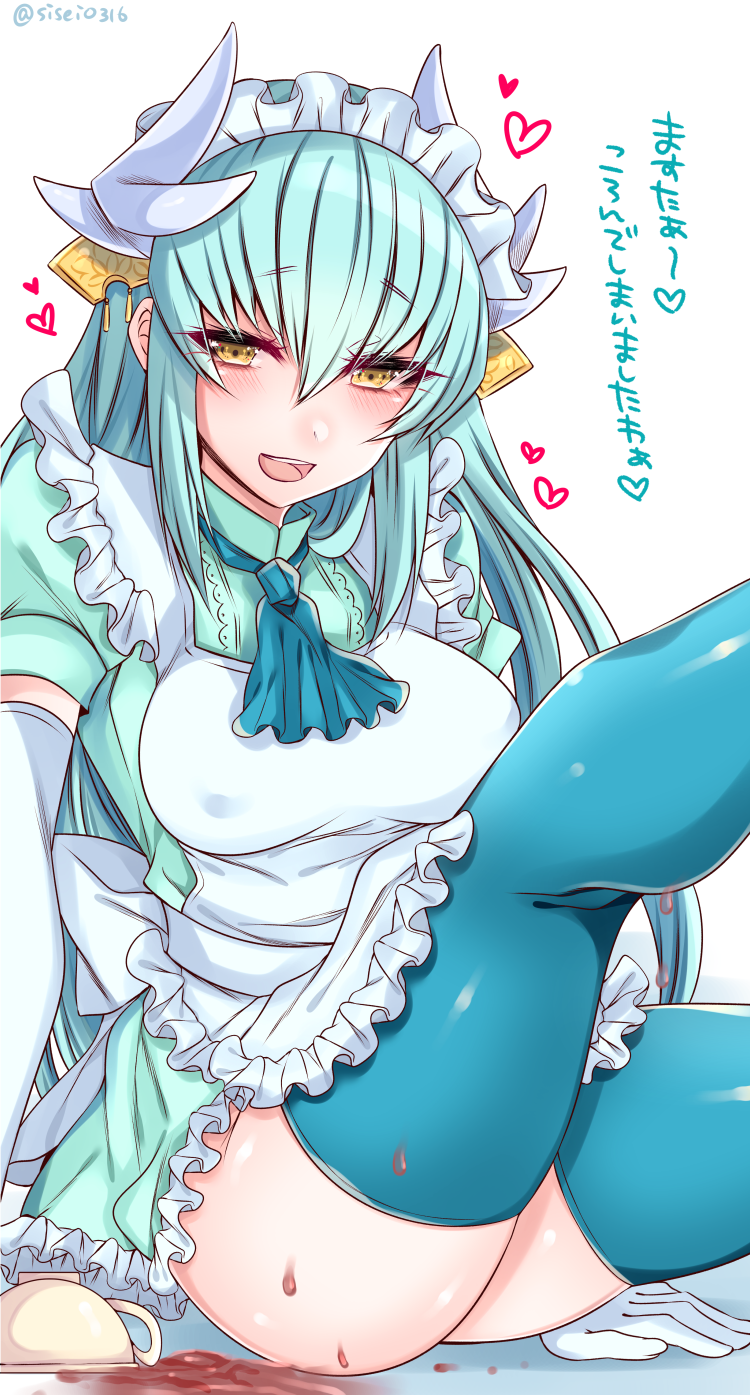 1girl alternate_costume apron aqua_hair aqua_legwear blue_clothes blush breasts cup elbow_gloves enmaided erect_nipples fate/grand_order fate_(series) frills gloves heart highres horns kiyohime_(fate/grand_order) large_breasts leg_up long_hair looking_at_viewer maid maid_apron maid_headdress open_mouth puffy_short_sleeves puffy_sleeves shisei_(kyuushoku_banchou) short_sleeves sitting smile solo spill tea teacup thigh-highs translated white_gloves yellow_eyes