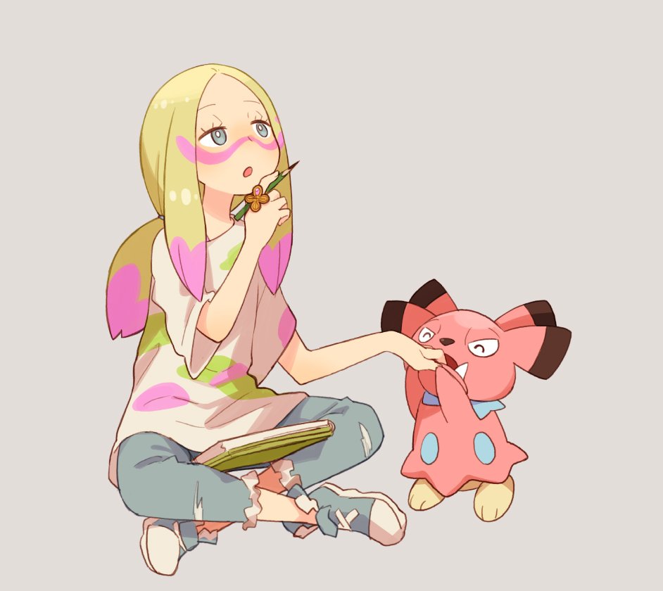 1girl blonde_hair blue_eyes ebi_(ab_cde) facepaint grey_background long_hair matsurika_(pokemon) open_mouth paint pencil pokemon pokemon_(creature) pokemon_(game) pokemon_sm ripped_jeans simple_background sitting snubbull trial_captain