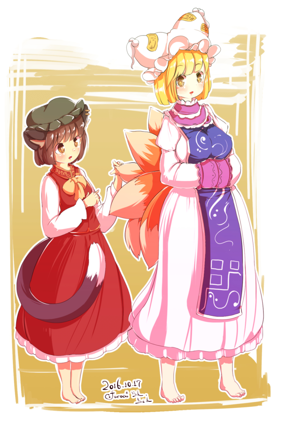 2girls :o animal_ears barefoot blonde_hair blush breasts brown_eyes brown_hair cat_ears cat_tail chen chinese_clothes dress feet_together fox_tail furim hands_in_sleeves hat highres juliet_sleeves large_breasts long_dress long_skirt long_sleeves mob_cap multiple_girls multiple_tails pillow_hat puffy_sleeves scarf short_hair skirt small_breasts tabard tail tail_grab tassel touhou wide_hips yakumo_ran yellow_eyes