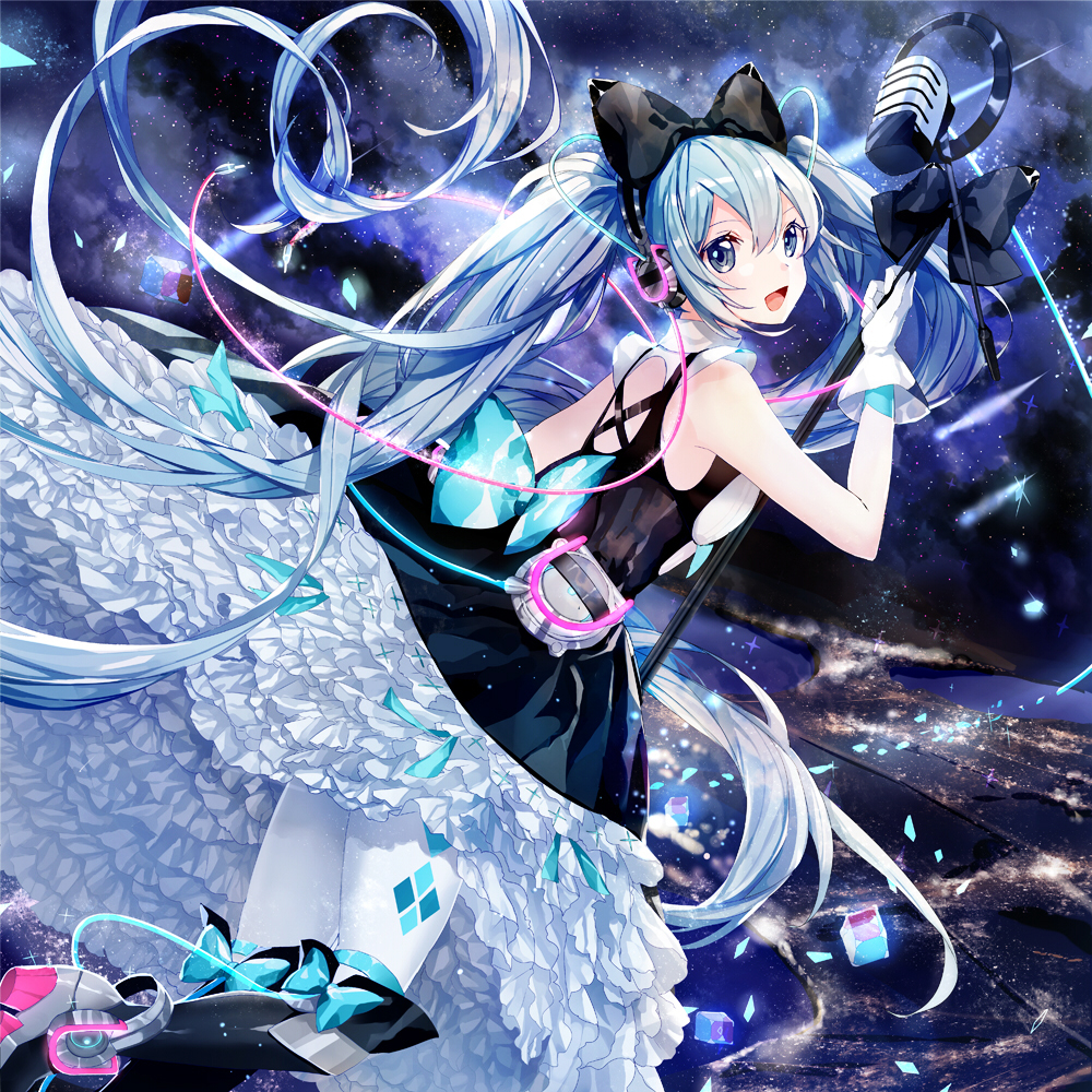 1girl :d amatsukiryoyu aqua_bow back bangs bare_shoulders black_bow black_dress blue_eyes blue_hair boots bow breasts broken cable city_lights cross-laced_footwear diamond_(shape) dress eyelashes floating_hair flying frills glint gloves glowing hair_between_eyes hair_bow hatsune_miku headp headphones high_heel_boots high_heels holding long_hair looking_at_viewer magical_mirai_(vocaloid) microphone_stand midair night night_sky open_mouth outdoors pantyhose petticoat print_legwear shards sky sleeveless sleeveless_dress small_breasts smile solo star_(sky) starry_sky thigh_strap too_many too_many_frills twintails unplugged very_long_hair vocaloid white_gloves white_legwear