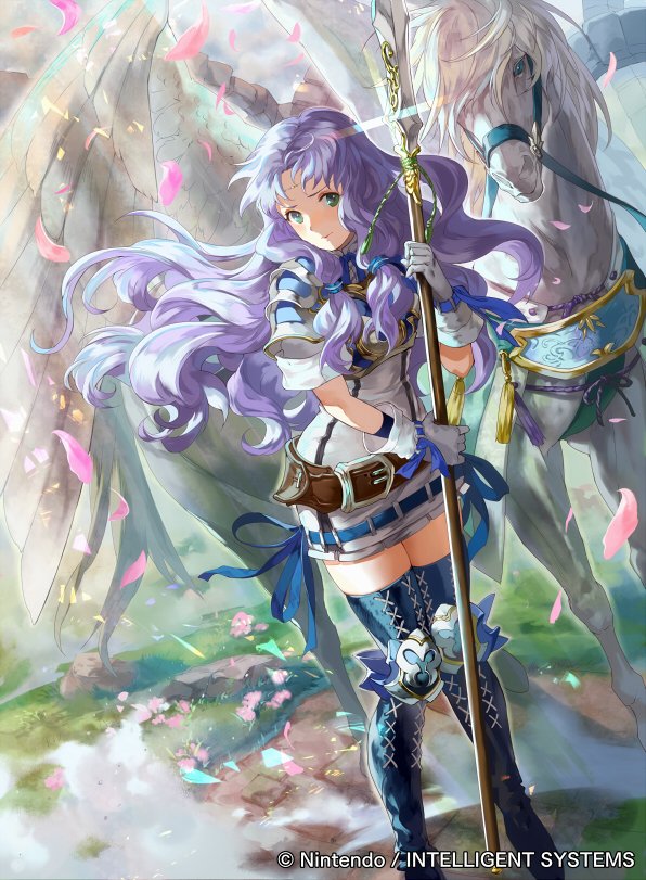 1girl armor armored_boots belt boots breastplate company_connection copyright_name fire_emblem fire_emblem:_rekka_no_ken fire_emblem_cipher florina gloves green_eyes holding holding_weapon lavender_hair long_hair looking_at_viewer mayo_(becky2006) pegasus pegasus_knight petals polearm spear thigh-highs thigh_boots weapon wings zettai_ryouiki