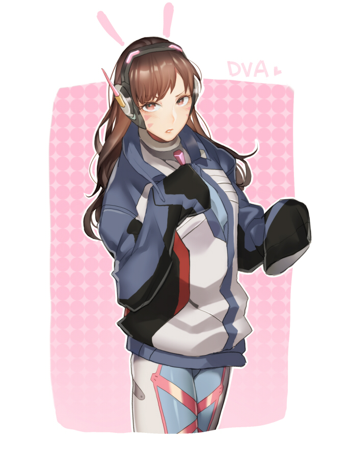 1girl a821 animal_ears bangs blue_jacket boots breasts brown_eyes brown_hair character_name cowboy_shot d.va_(overwatch) eyelashes facepaint facial_mark hands_up headphones heart jacket legs_together lips long_hair long_sleeves looking_at_viewer overwatch parted_lips pilot_suit pink_lips purple_bodysuit rabbit_ears ribbed_bodysuit sleeves_past_wrists solo thigh-highs thigh_boots thigh_strap turtleneck whisker_markings white_legwear