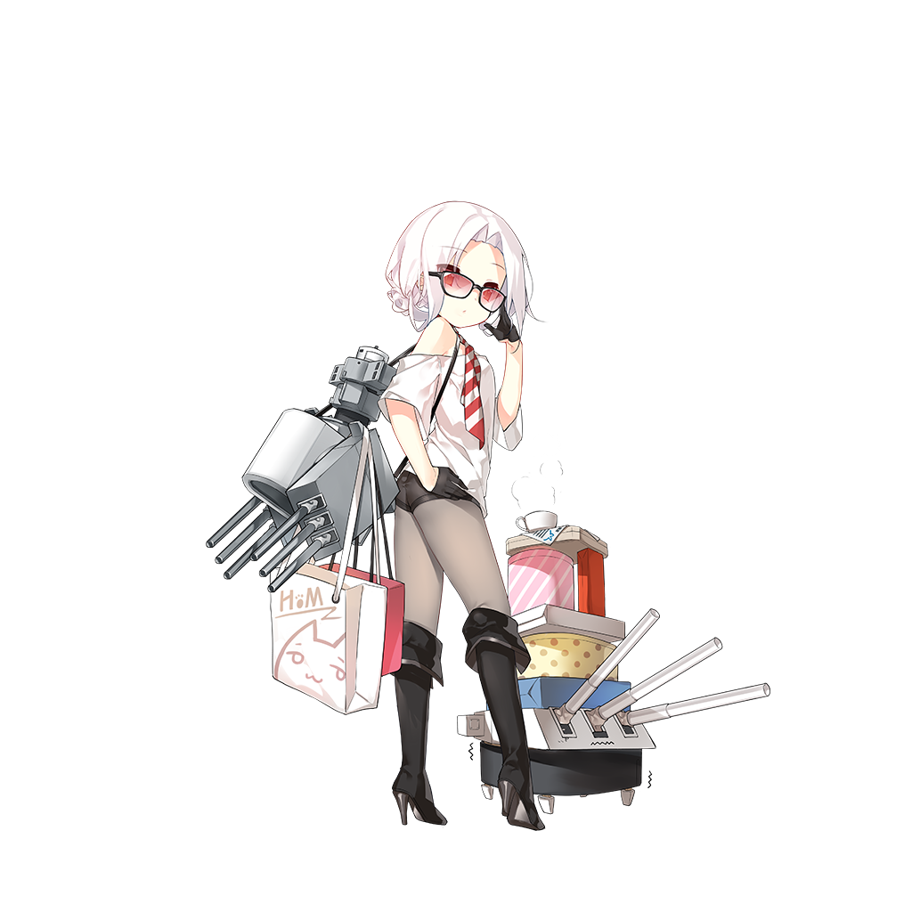/\/\/\ 1girl adjusting_glasses alternate_costume bag bare_shoulders black_boots black_gloves black_shorts boots box breasts cannon closed_mouth cup eyebrows_visible_through_hair eyes_visible_through_hair from_behind full_body gift gift_box glasses gloves grey_legwear hand_on_hip high_heel_boots high_heels looking_at_viewer looking_back machinery official_art pantyhose paper_bag red_eyes saru shirt short_gloves short_hair shorts small_breasts solo standing steam striped_neckerchief teacup tied_hair transparent_background turret vittorio_veneto_(zhan_jian_shao_nyu) white_hair white_shirt zhan_jian_shao_nyu