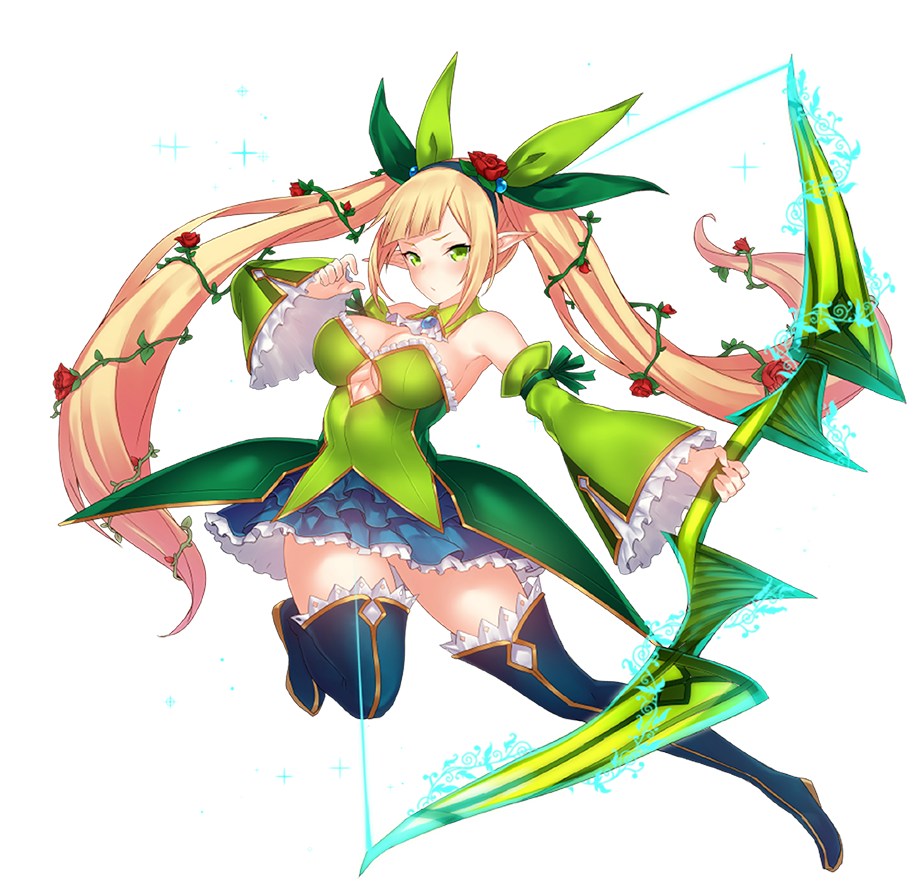 1girl awakening_(sennen_sensou_aigis) blonde_hair boots bow_(weapon) breasts cleavage detached_collar detached_sleeves dress floating_hair flower frilled_skirt frills full_body green_eyes hair_flower hair_ornament holding_bow_(weapon) inayama large_breasts long_hair official_art plant pointy_ears sennen_sensou_aigis skirt solo spica_(sennen_sensou_aigis) thigh-highs thigh_boots transparent_background twintails vines weapon
