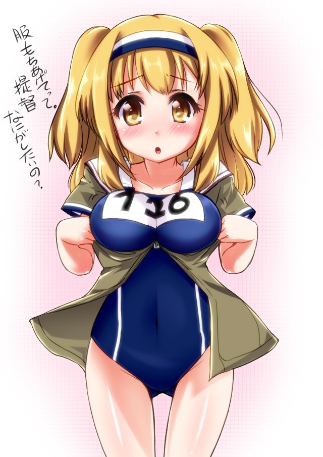 1girl :o bangs blue_swimsuit blush bouncing_breasts breasts cardigan collarbone covered_navel cowboy_shot embarrassed gradient gradient_background grid hairband hips i-26_(kantai_collection) impossible_clothes impossible_swimsuit kantai_collection large_breasts light_brown_eyes light_brown_hair long_hair looking_at_viewer motion_lines name_tag new_school_swimsuit omochi_(chirori01) one-piece_swimsuit open_cardigan open_clothes open_mouth pink_background pulled_by_self raised_eyebrows sailor_collar school_swimsuit short_sleeves sidelocks single_vertical_stripe solo standing surprised swimsuit swimsuit_under_clothes translated two-tone_hairband two_side_up unzipped white_background zipper