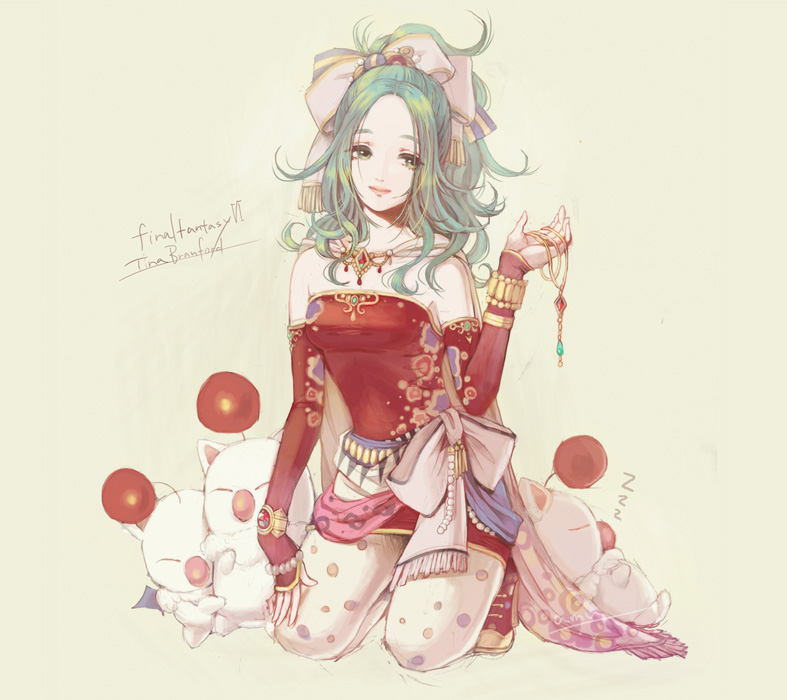 1girl amumu326 bow final_fantasy final_fantasy_vi green_hair hair_bow jewelry looking_at_viewer moogle necklace necklace_removed smile solo tina_branford white_background