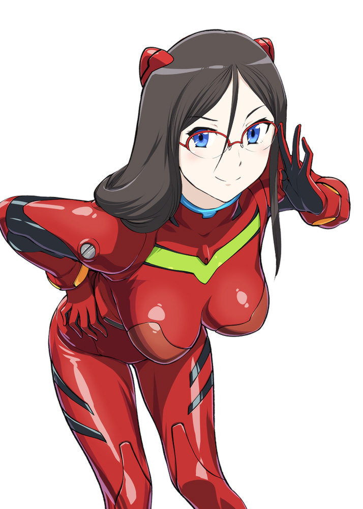 1girl adjusting_glasses black_hair blue_eyes bodysuit breasts cosplay crossover female gainax glasses hair_ornament hairpods hand_on_hip hibike!_euphonium impossible_clothes kyoto_animation large_breasts leaning leaning_forward long_hair looking_at_viewer name_connection namesake neon_genesis_evangelion over-rim_glasses pilot_suit plugsuit red-framed_eyewear red_bodysuit semi-rimless_glasses shiny shiny_clothes shiny_hair simple_background skin_tight smile solo souryuu_asuka_langley souryuu_asuka_langley_(cosplay) standing takarajimasha tanaka_asuka tokyo_mx ueyama_michirou white_background