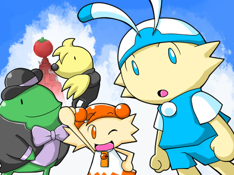 1girl 3boys alphadream animal aretha_(tomato_adventure) bell black_hat black_suit blue_eyes blue_shirt blue_shorts bow bowtie clouds demille frog hat hoshikagami looking_at_viewer lowres mole_(animal) nintendo no_humans one_eye_closed orange_eyes outdoors purple_bow purple_bowtie rabbit rereku shirt shorts sky sofubi suit tomato tomato_adventure two-tone_dress wink