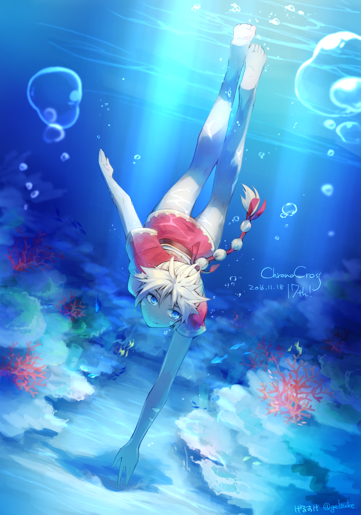 1girl air_bubble barefoot blonde_hair blue_eyes braid breath bubble chrono_cross diving freediving gerunosuke holding_breath jewelry kid_(chrono_cross) long_hair necklace ponytail smile solo swimming underwater