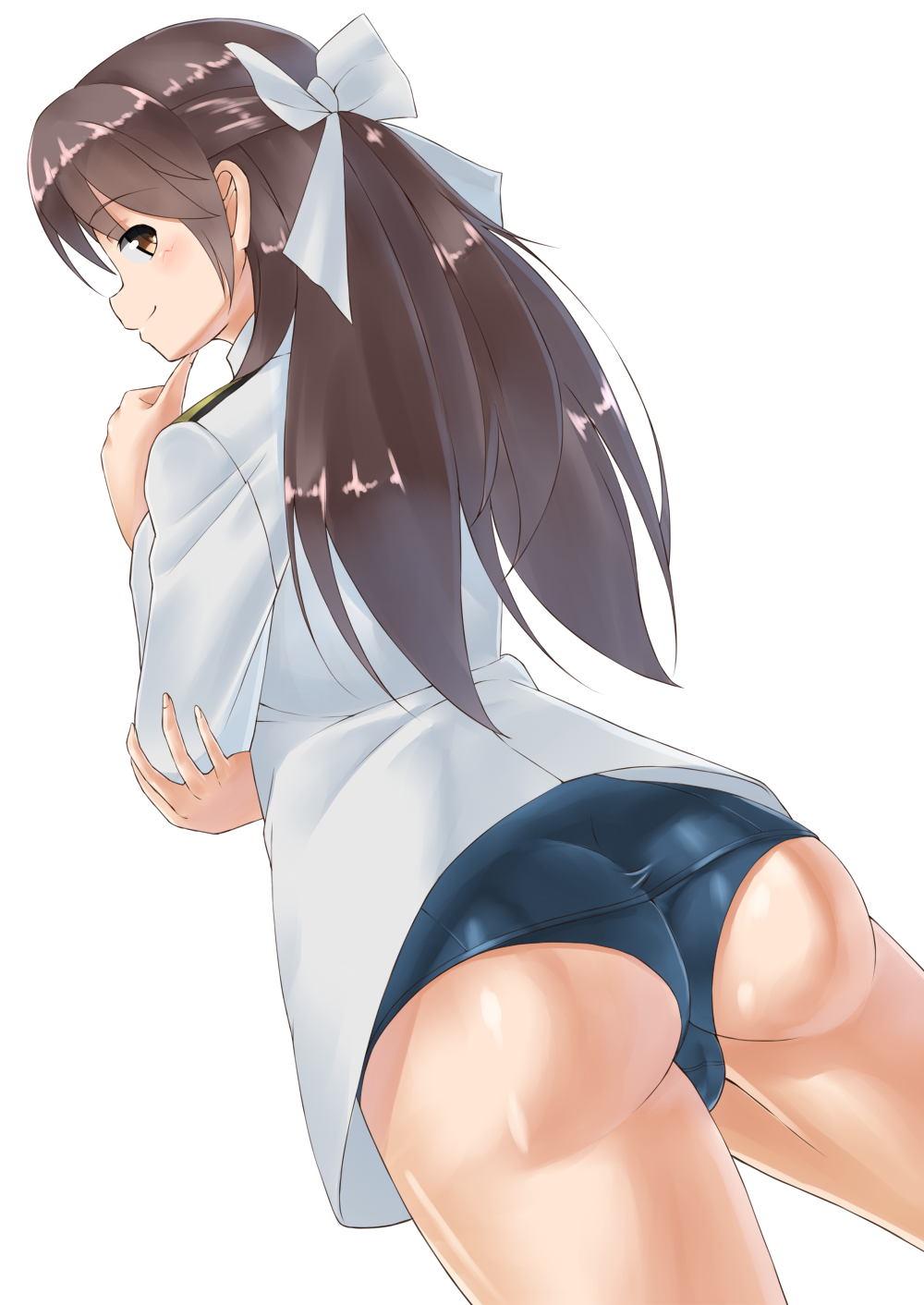 1girl arai_kogane ass brave_witches brown_eyes brown_hair finger_to_chin from_behind hair_ribbon highres karibuchi_takami long_hair looking_at_viewer military military_uniform naval_uniform ribbon school_swimsuit smile solo swimsuit swimsuit_under_clothes uniform world_witches_series