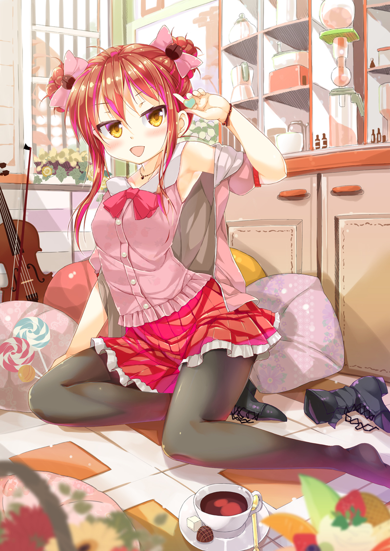1girl :d bangs black_boots black_legwear blush boot_removed boots bow bowtie bracelet brown_hair cafe-chan_to_break_time cafe_(cafe-chan_to_break_time) candy chocolate coffee coffee_bean_hair_ornament coffee_cup double_bun food hair_bow heart instrument jacket jewelry lollipop necklace open_mouth pink_bow pink_bowtie plant porurin_(do-desho) potted_plant shelf short_sleeves sidelocks single_boot sitting sitting_on_floor skirt smile solo spoon sugar_cube violin window yellow_eyes