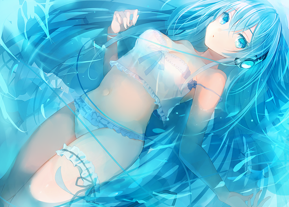 1girl aqua_eyes aqua_hair bangs bare_shoulders black_ribbon blue blue_panties blue_swimsuit bow bow_panties breasts cable camisole cleavage dutch_angle eyebrows_visible_through_hair frilled_panties frilled_swimsuit frills hair_between_eyes hand_up headphones large_breasts long_hair looking_at_viewer midriff navel original panties parted_lips partially_submerged ribbon see-through solo strap_slip swimsuit thigh_ribbon thighs tlla underwear very_long_hair water water_surface white_panties white_swimsuit