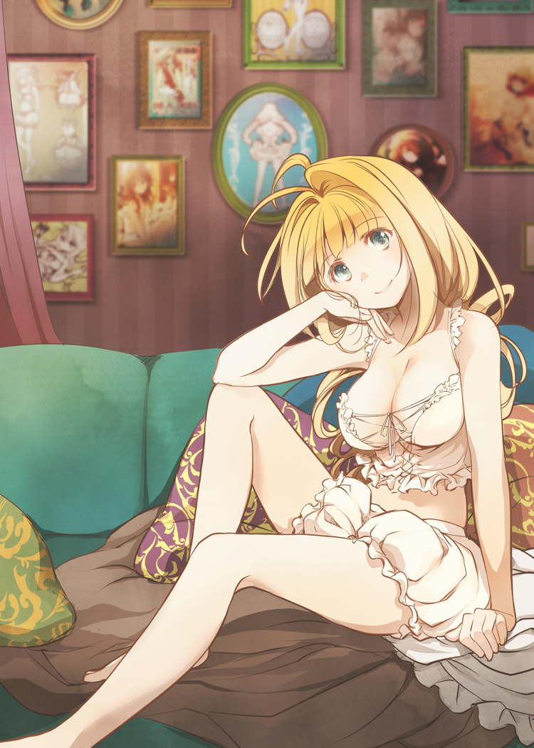 1girl aqua_eyes arm_at_side artist_self-reference bangs bare_shoulders barefoot blanket blonde_hair bloomers breasts chin_rest cleavage corset couch easter_egg frills head_tilt knee_up laces long_hair looking_at_viewer love medium_breasts navel on_couch original photo photo_(object) picture_frame pillow senkyoushi_gondolf sitting smile solo underwear underwear_only